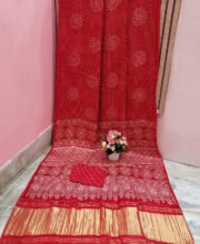 Red Color Ajrakh Printed Gajji Silk Saree