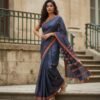Bluish Gray Color Linen Applique Saree