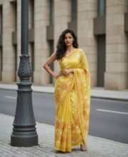 Yellow Color Cotton Hand Painted Saree