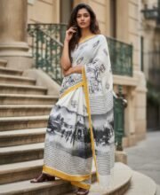 White Color Cotton Printed Saree