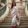 White Color Cotton Printed Saree