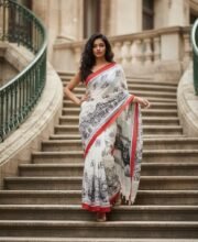 White Color Cotton Printed Saree