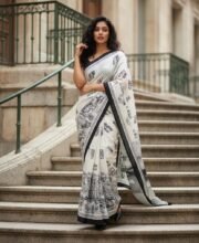 White Color Cotton Printed Saree