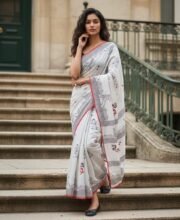 White Color Cotton Printed Saree