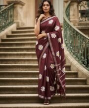 Maroon Color Linen Hand Painted Saree