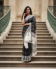 Black & White Block Printed Art Silk Saree