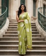 Green Color Linen Hand Painted Saree