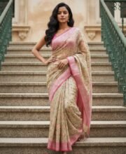 Beige Color Tissue Silk Embroidery Saree