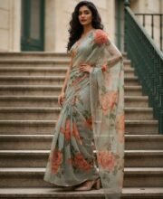 Gray Color Printed Georgette Saree