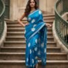 Blue Color Linen Hand Painted Saree