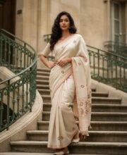 Off-White Color Tussar Silk Bullian Stitch Saree