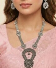 Silver Oxidised Long Necklace Set